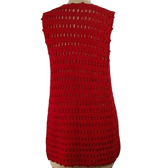 Vintage 70s red hand knit long vest Small Medium - Picture 3 of 5